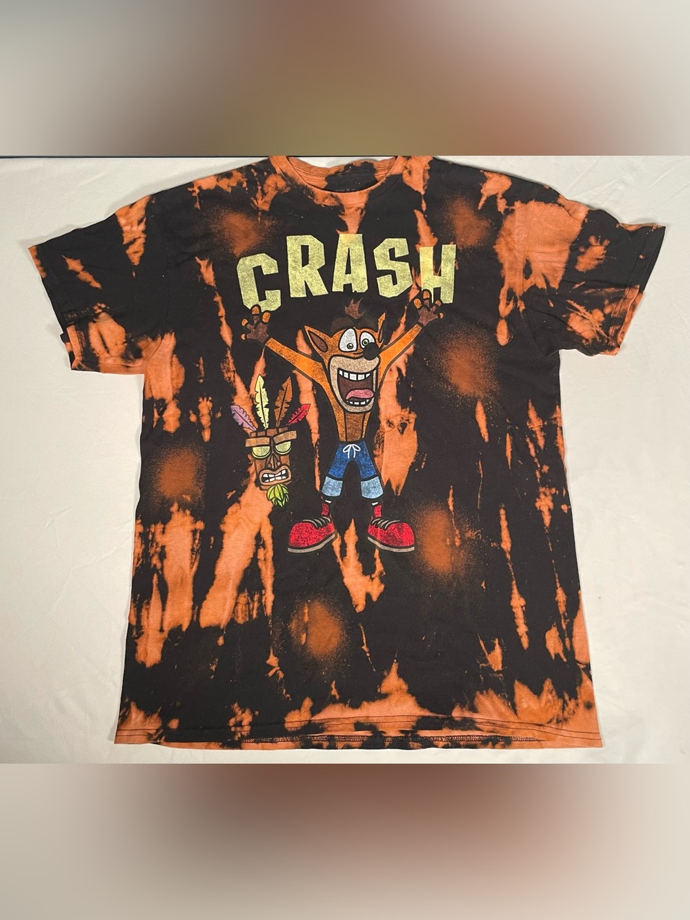 Crash Bandicoot Upcycled Custom Bleach Tie Dye Graphic Tee Shirt Large